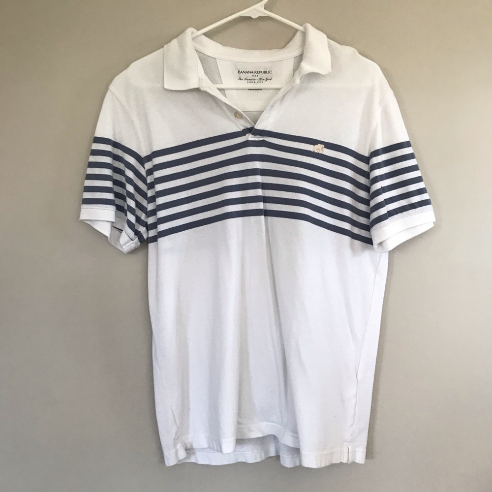 White polo with blue stripes